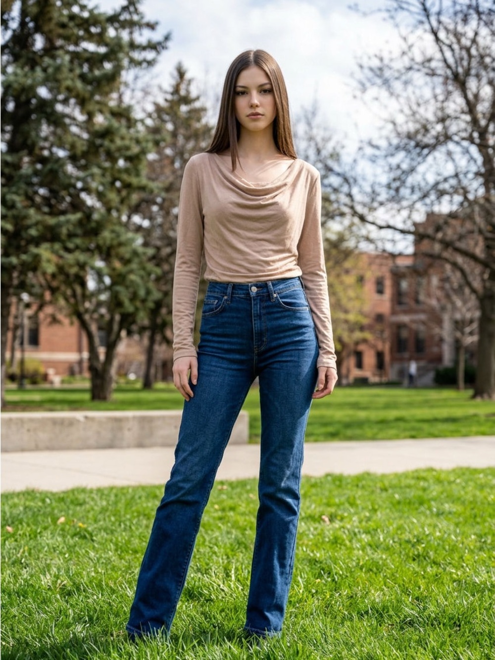 Zesica Taupe Long Sleeve Cowl Neck Top with Lace Hem